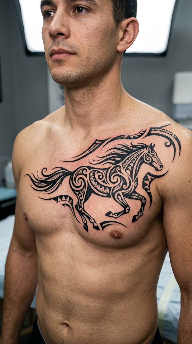 Galoppierendes Pferd als Tribal Tattoo auf der Brust & Oberkörper