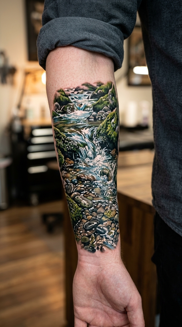 Gebirgsbach als 3D Tattoo Idee für den Unterarm