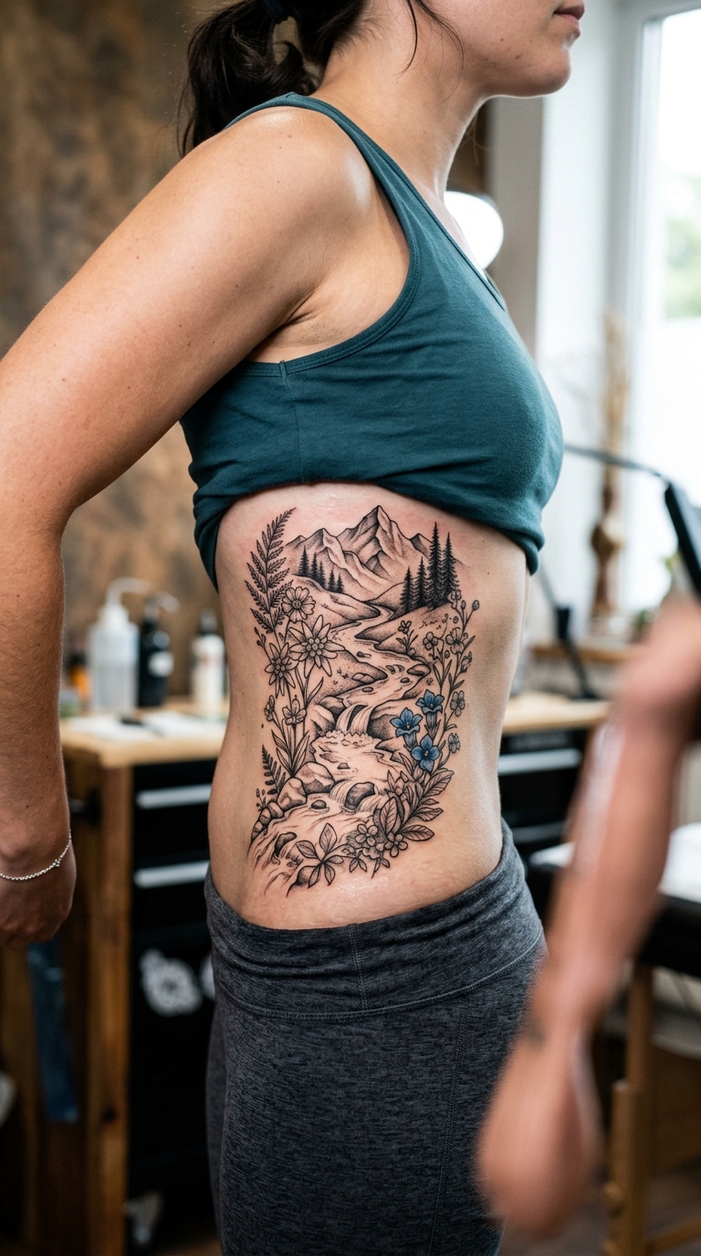 Gebirgsbach mit Wildblumen als florales Tattoo für die Rippen