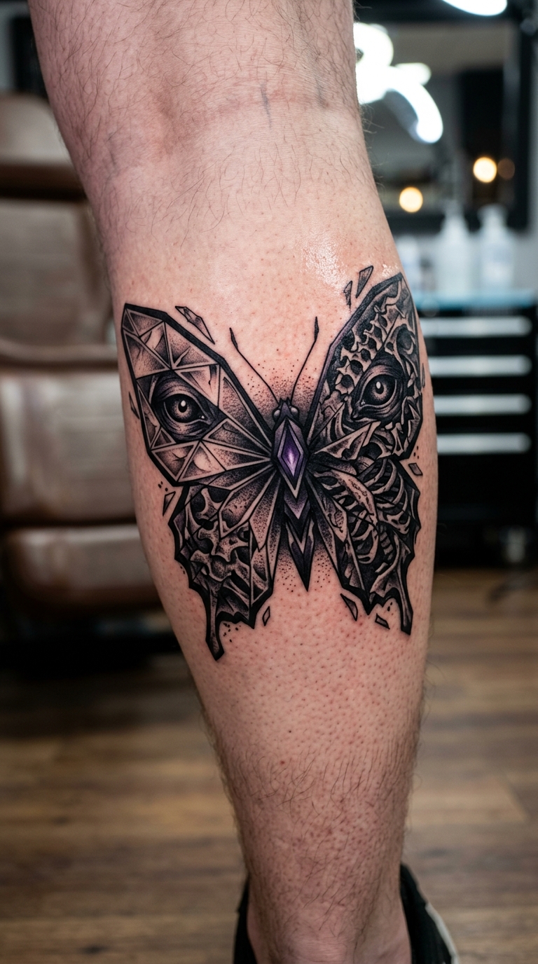 Geometrischer Horror Schmetterling Tattoo Idee für das Bein
