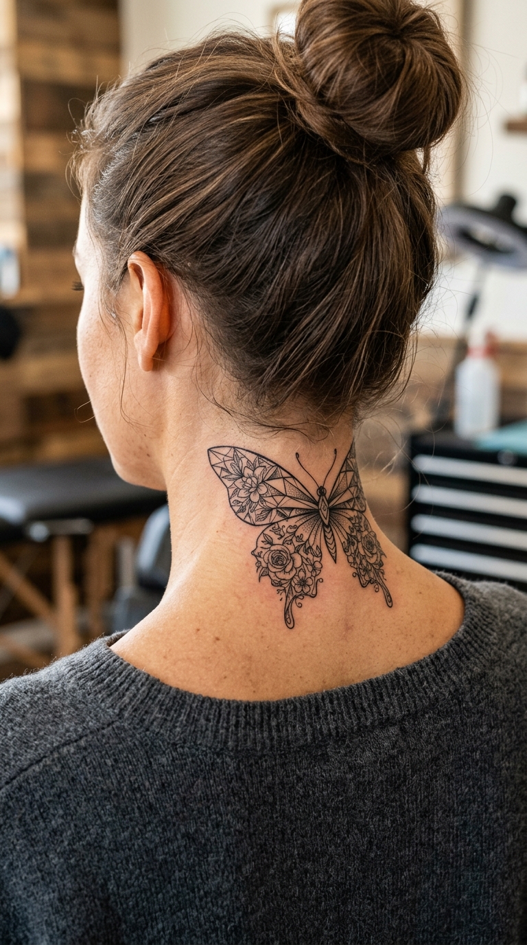 Geometrischer Schmetterling als florale Tattoo Idee für den Nacken