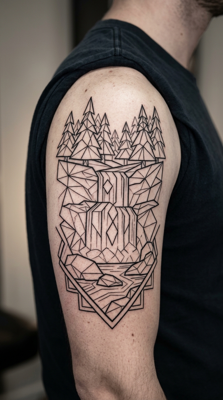 Geometrischer Wald mit Wasserfall Tattoo Vorlage für die Schulter