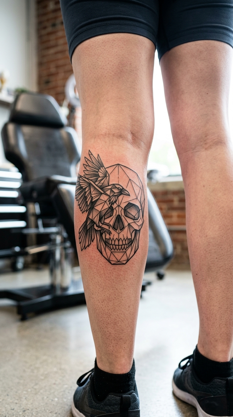 Geometrisches Tattoo mit düsterem Totenkopf und Vogel