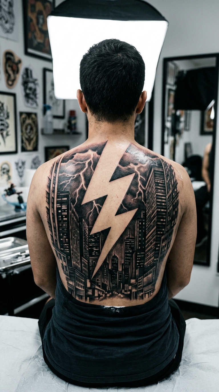 Gewaltiges Gewitter über einer Häuserschlucht als Realistic Tattoo für den Rücken