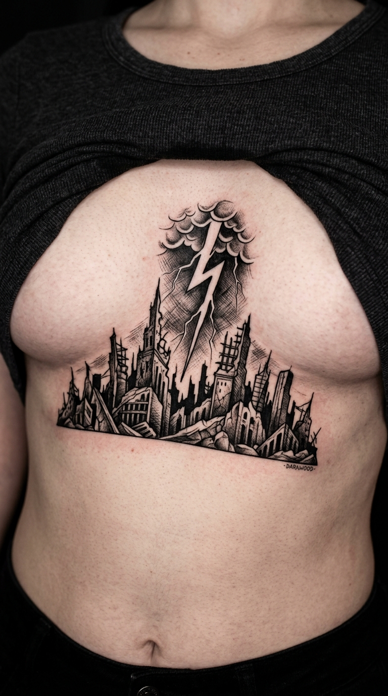 Gewitter über verfallener Stadt als Horror Tattoo Idee für den Underboob