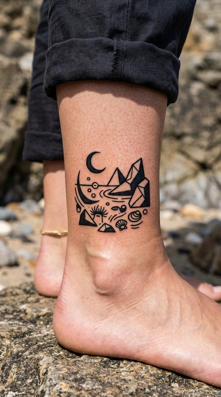 Gezeitentümpel als grafische Symbol Tattoo Vorlage für den Knöchel