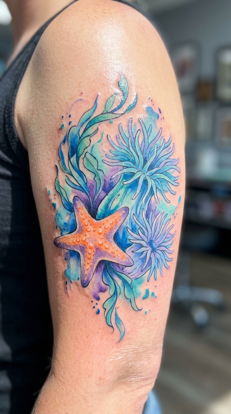 Gezeitentümpel als lebendiges Aquarell Tattoo für den Arm