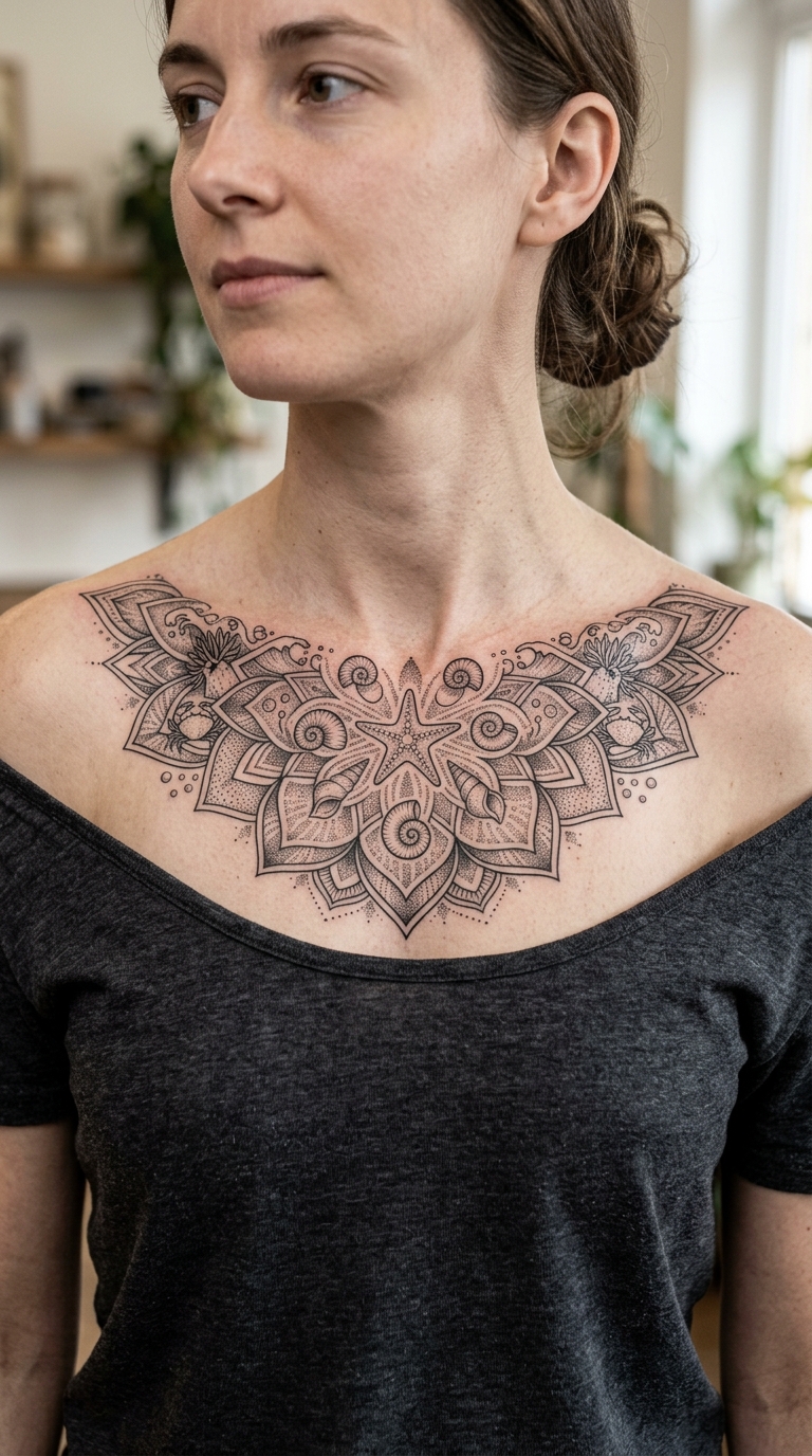 Gezeitentümpel als Mandala Tattoo Idee für das Schlüsselbein