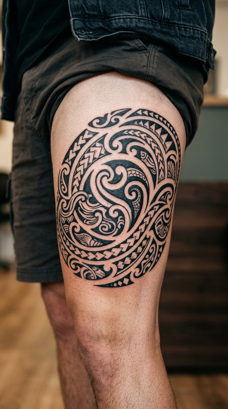 Gezeitentümpel als Maori Tattoo Idee für den Oberschenkel