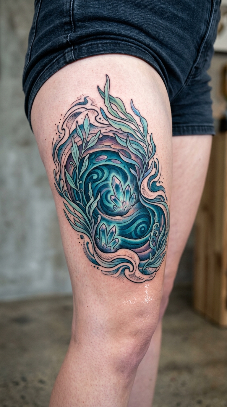 Gezeitentümpel als mystisches Fantasy Tattoo für den Oberschenkel