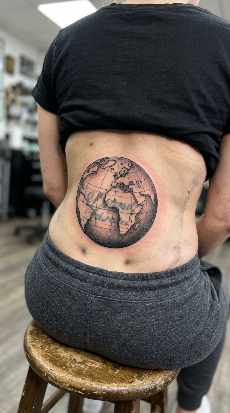 Globus mit Koordinaten als Cover up Tattoo für das Steißbein