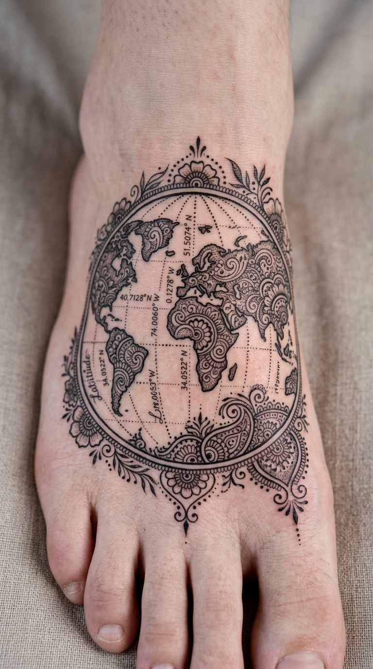 Globus mit Koordinaten als Henna Tattoo Vorlage für den Fuß