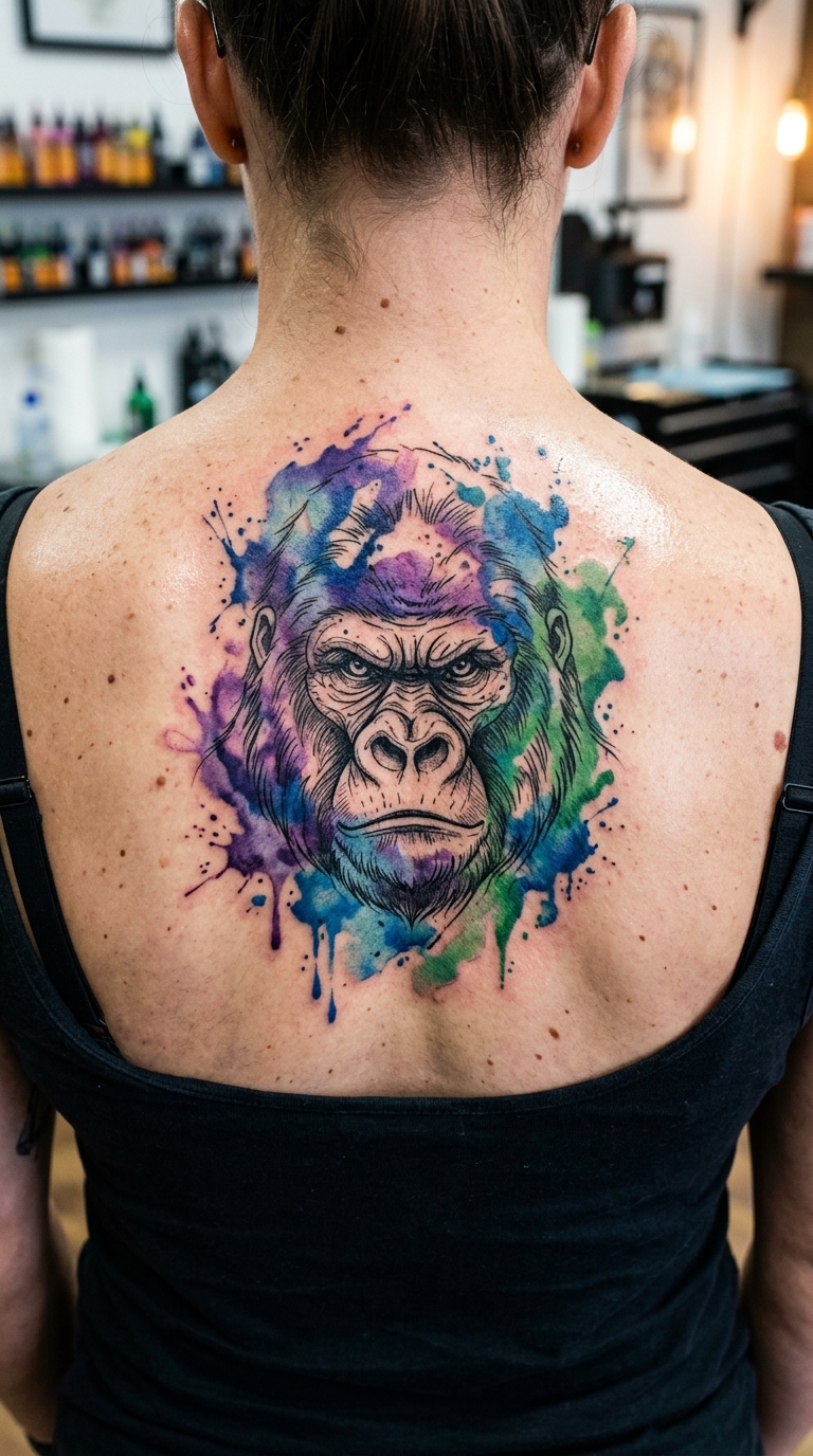 Gorilla als Aquarell Tattoo für den Rücken