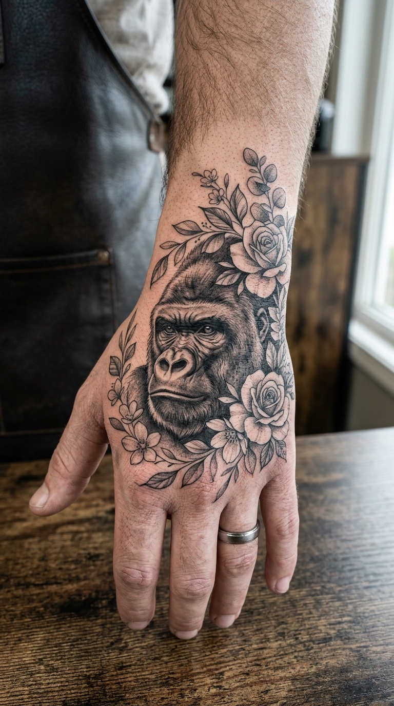 Gorilla als florale Tattoo Idee für die Hand