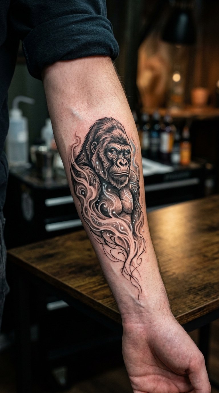 Gorilla als mystisches Fantasy Tattoo für den Unterarm
