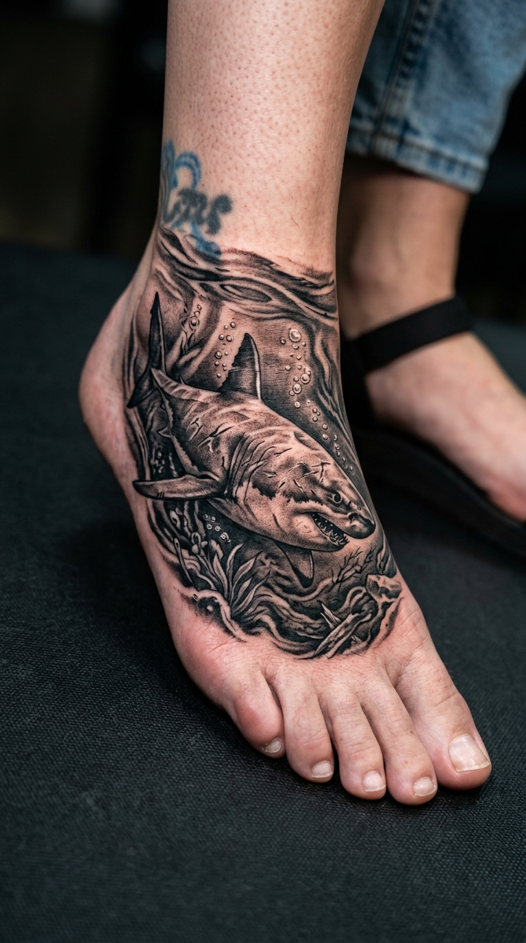 Hai in der Tiefsee als Cover up Tattoo für den Fuß