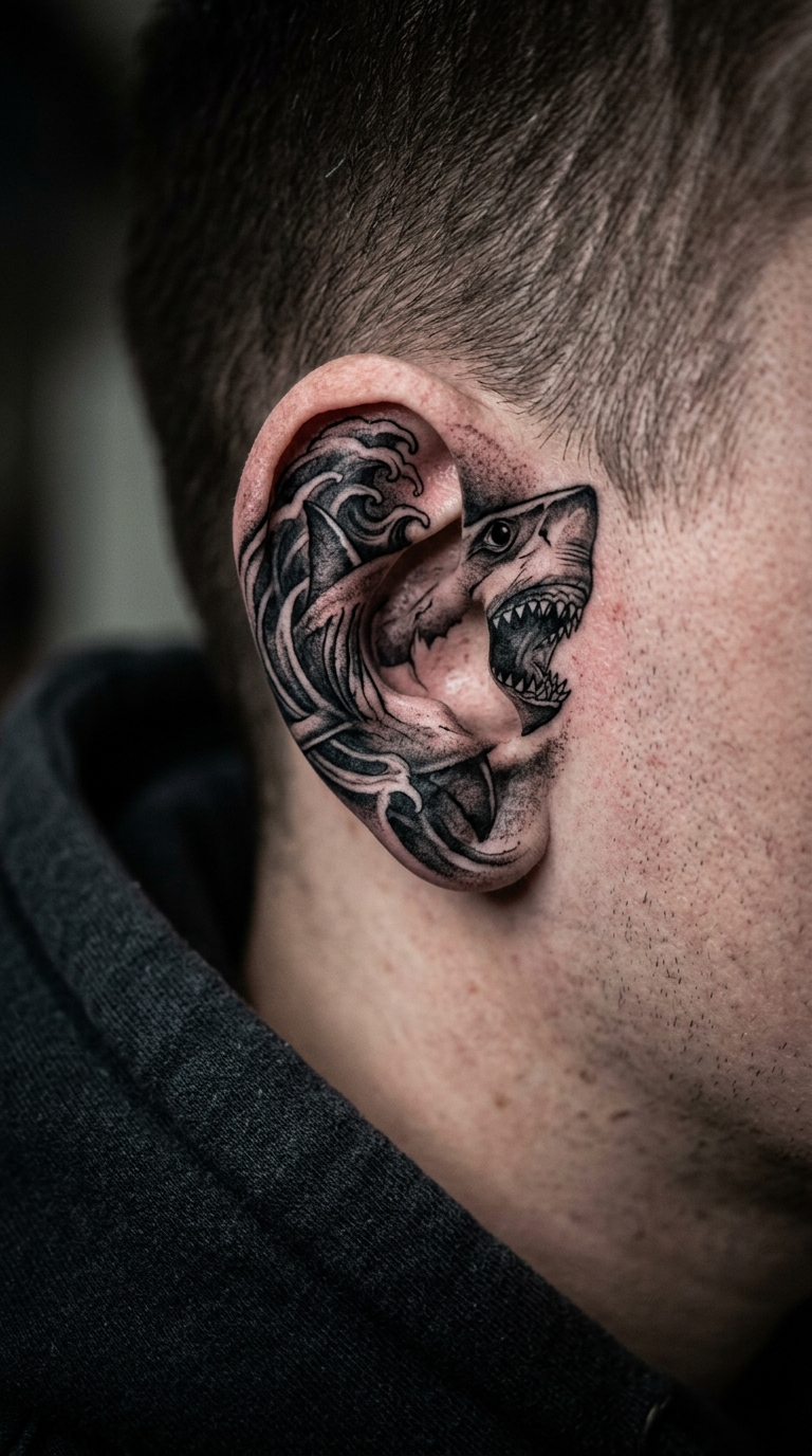 Hai in der Tiefsee als Horror Tattoo Idee für das Ohr