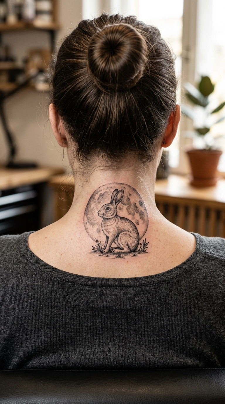 Hase im Mondschein als Dotwork Tattoo für den Nacken