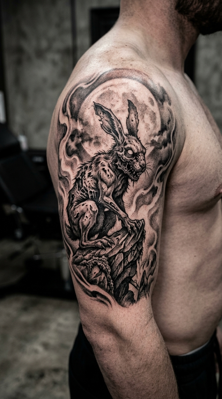 Hase im Mondschein als Horror Tattoo für den Oberarm