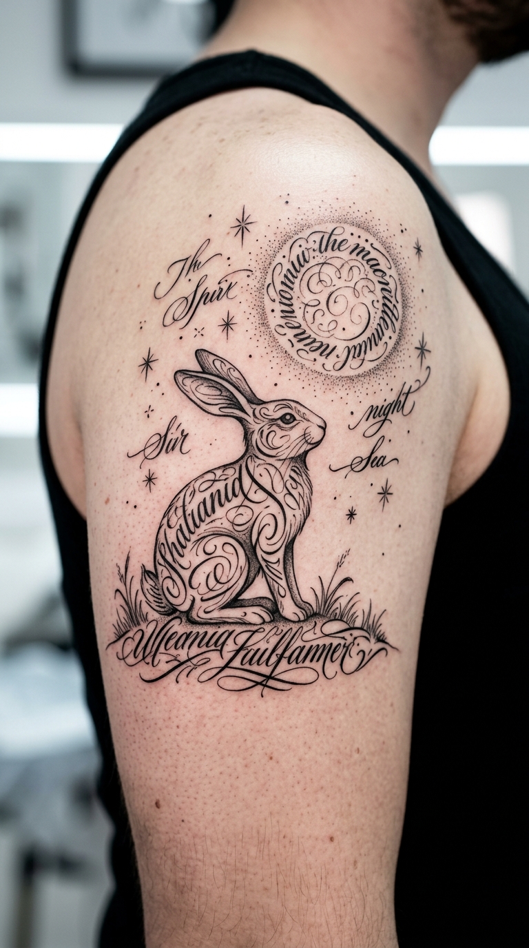Hase im Mondschein als Schrift Tattoo Idee für den Kopf
