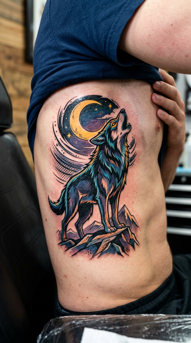 Heulender Wolf als Comic Tattoo für die Rippen