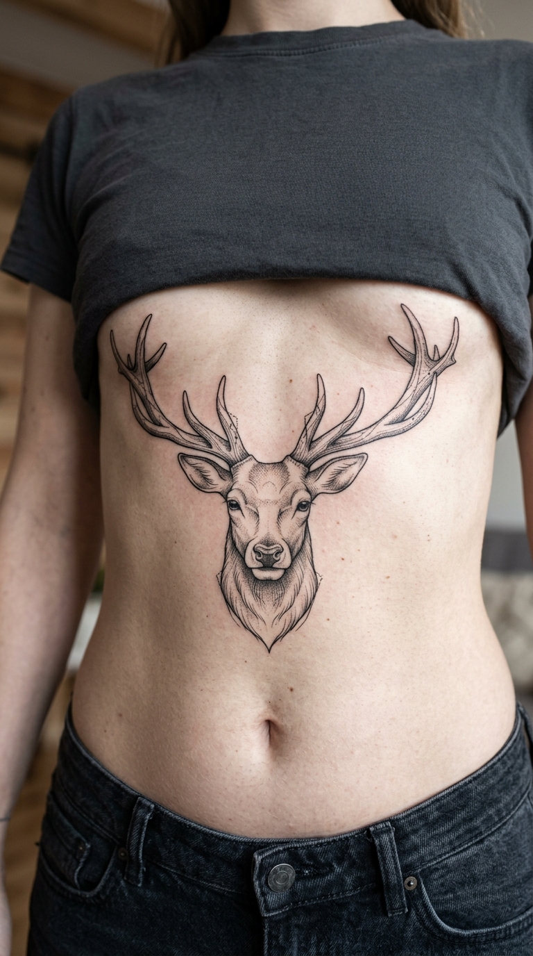 Hirsch mit Geweih als Fineline Tattoo für den Bauch
