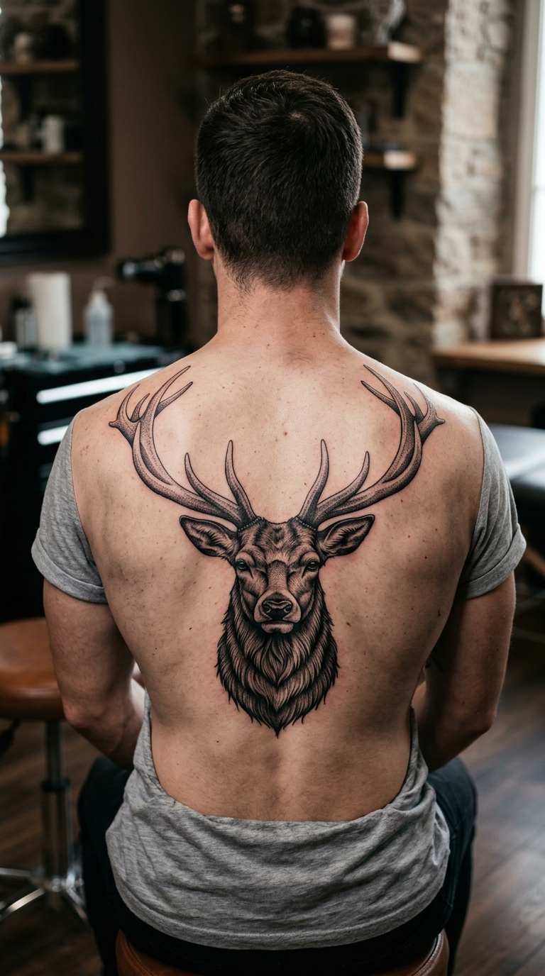 Hirsch mit großem Geweih als Tattoo Idee für den Rücken