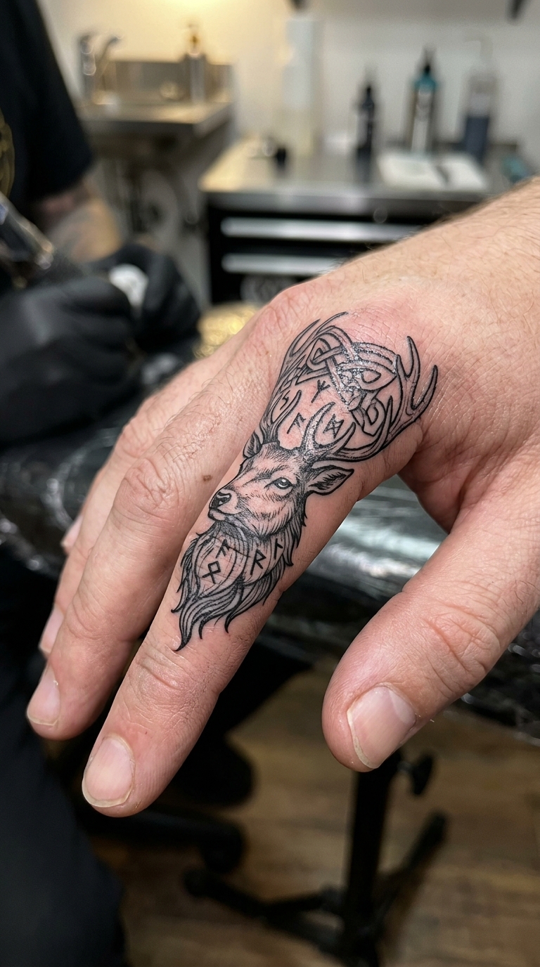 Hirsch mit Runengeweih als Wikinger und Celtic Tattoo für den Finger