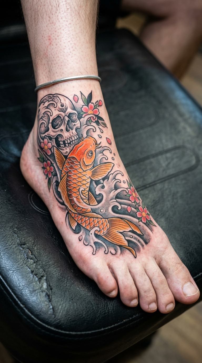 Japanisch Tattoo mit Motiv von Leben und Tod für den Fuß
