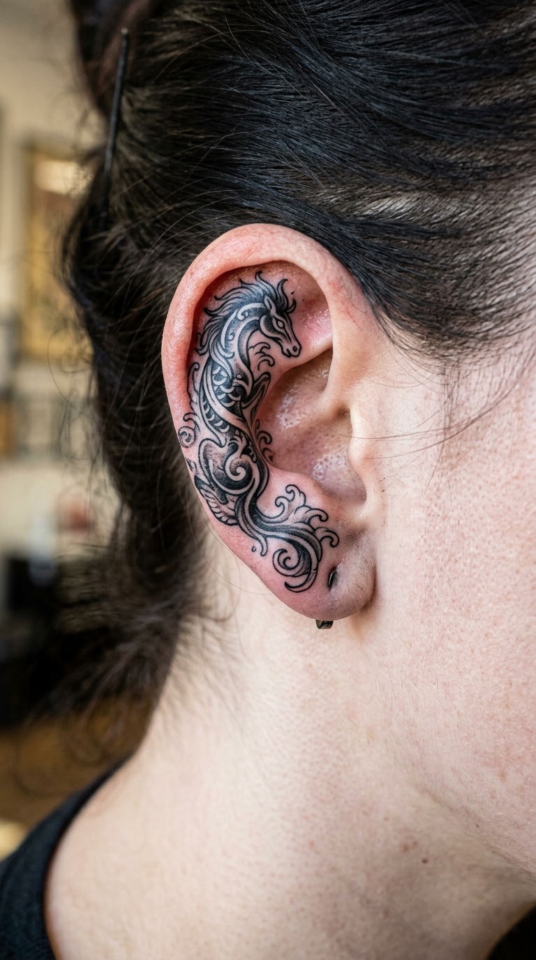 Kelpie als japanisches Tattoo für das Ohr