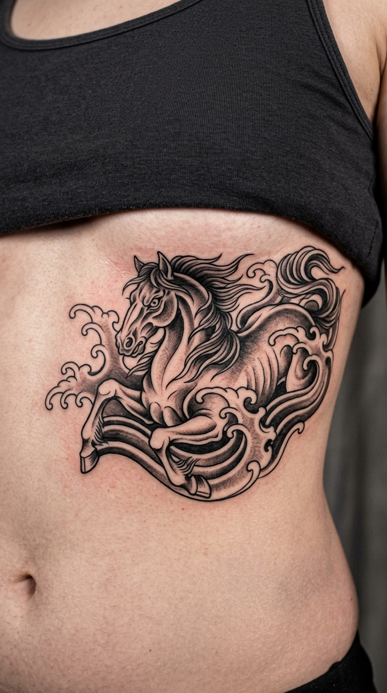 Kelpie als japanisches Tattoo für den Underboob