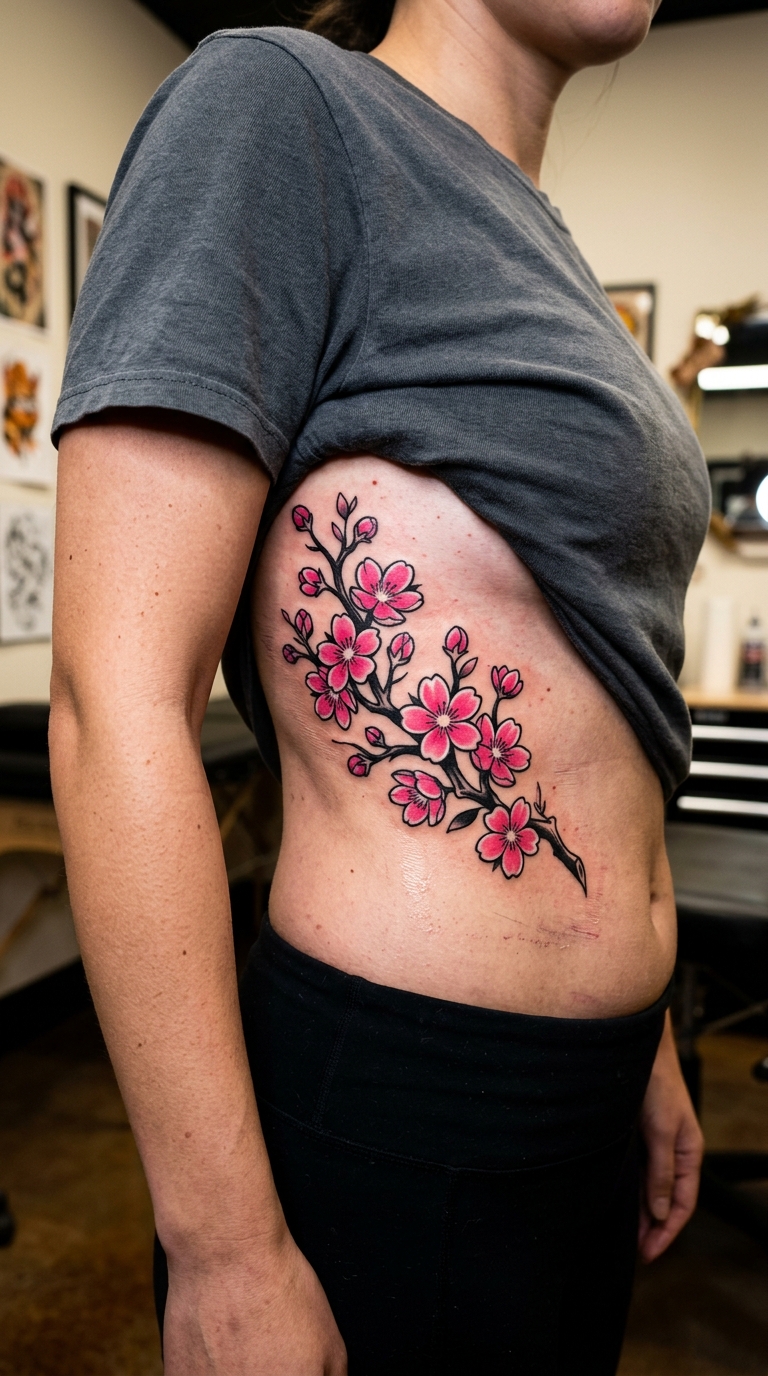 Kirschblütenzweig als Comic Tattoo für die Rippen