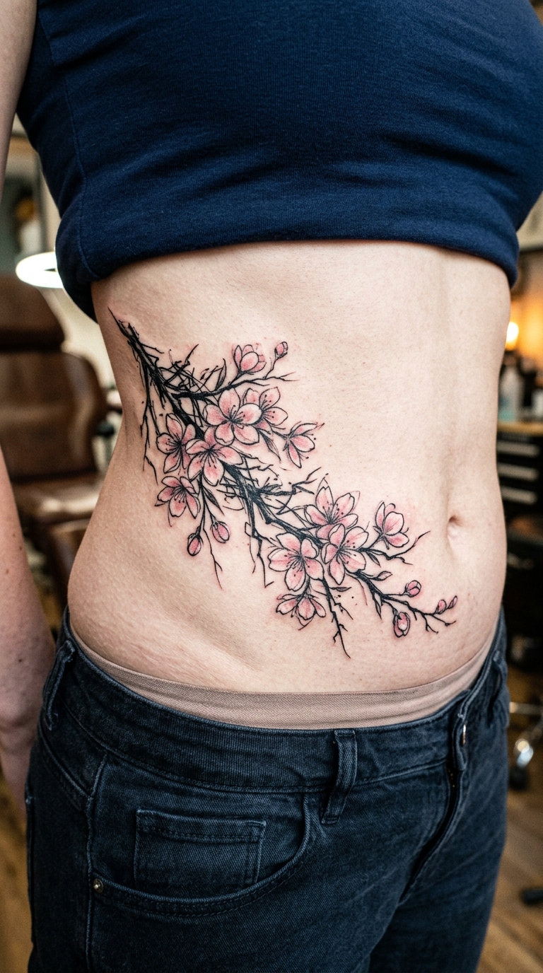 Kirschblütenzweig als kreuz und quer Tattoo auf dem Bauch