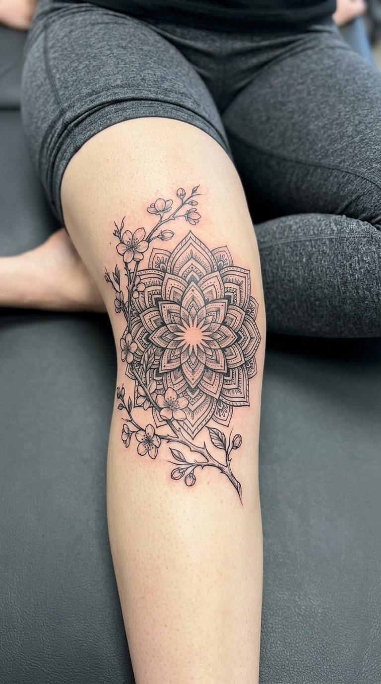 Kirschblütenzweig als Mandala Tattoo Idee für die Kniekehle