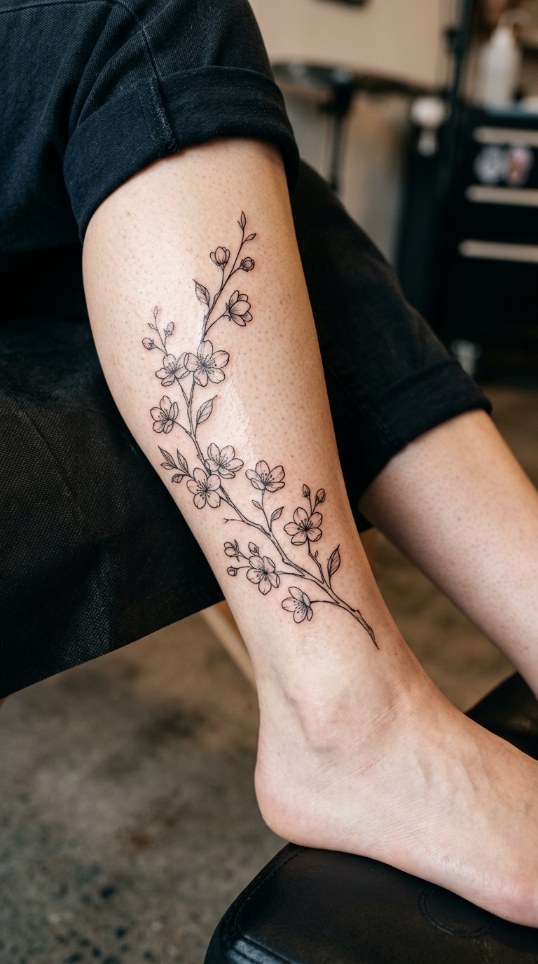 Kirschblütenzweig als zartes Fineline Tattoo am Bein