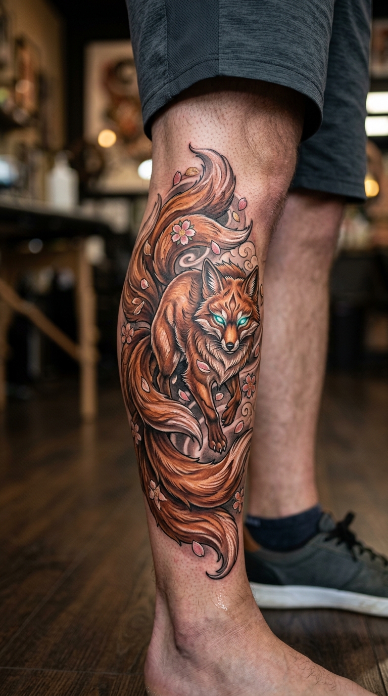 Kitsune Fuchs als dreidimensionales Tattoo für das Bein