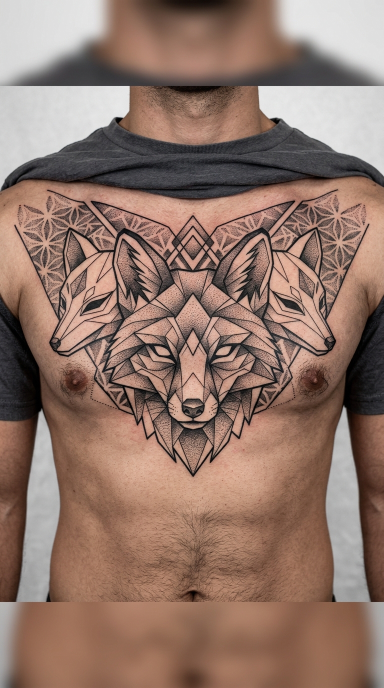 Kitsune Fuchs als geometrisches Tattoo für Brust & Oberkörper
