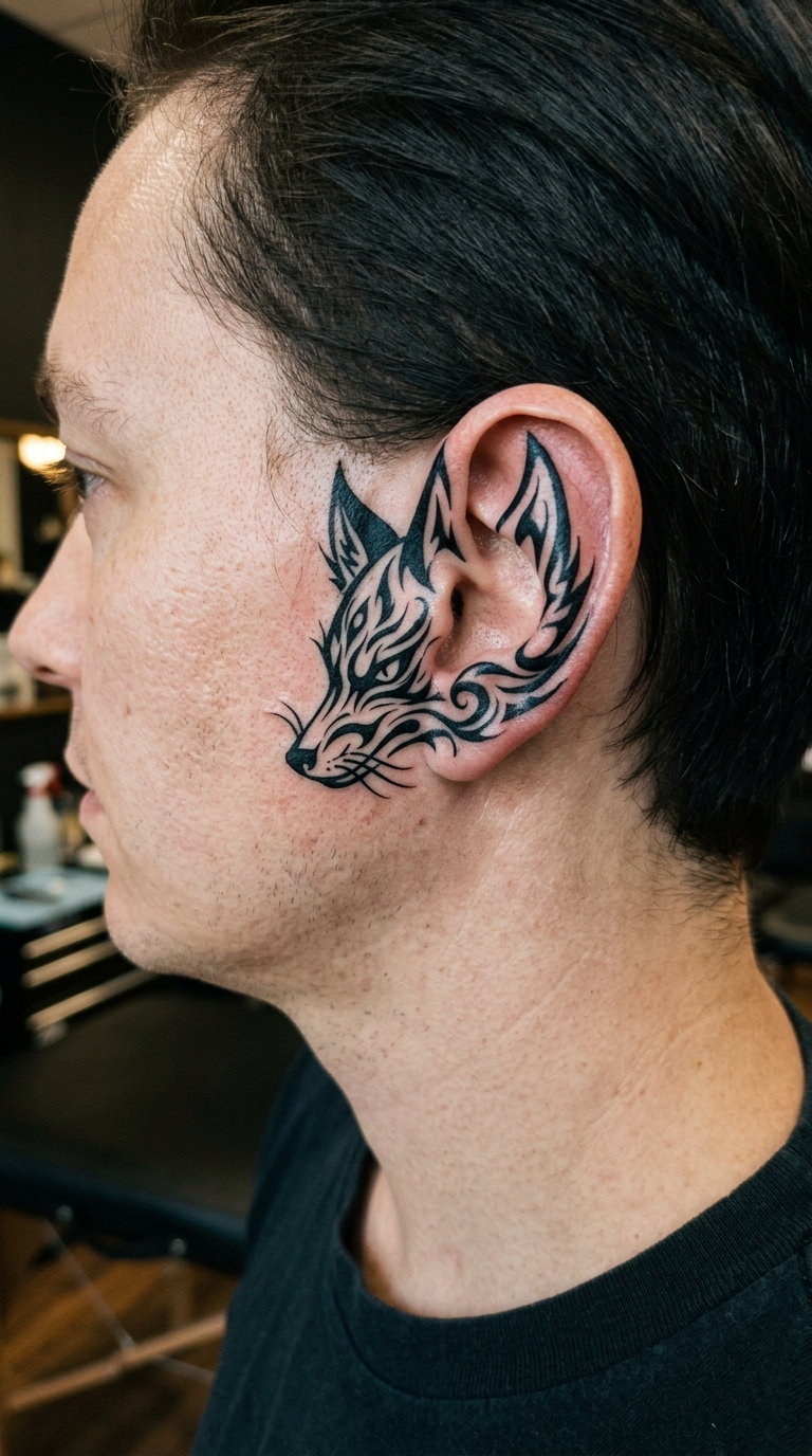 Kitsune Fuchs als Tribal Tattoo Idee für das Ohr
