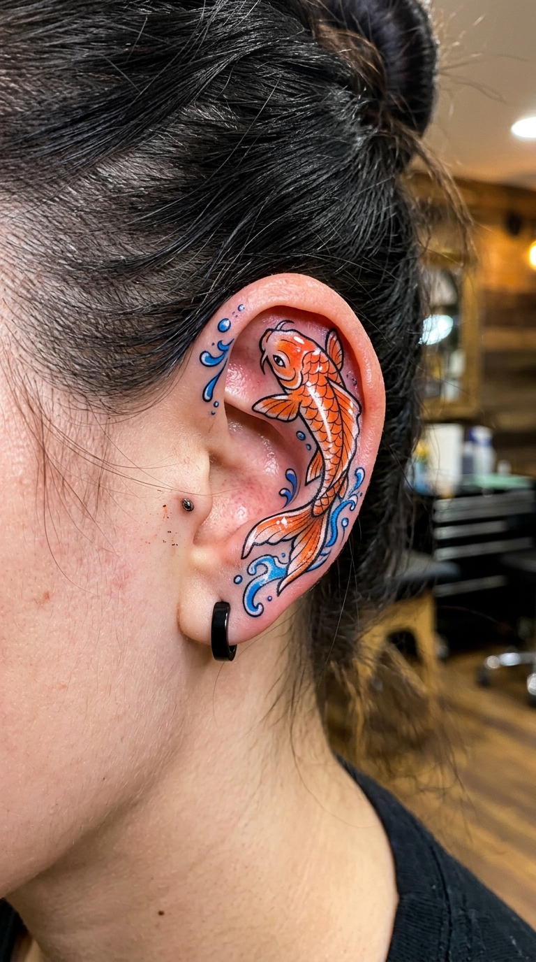 Koi Fisch als Anime Tattoo Idee für das Ohr
