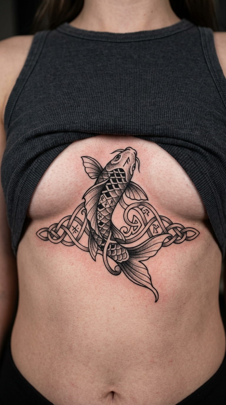 Koi Fisch als Wikinger und Celtic Tattoo für den Underboob