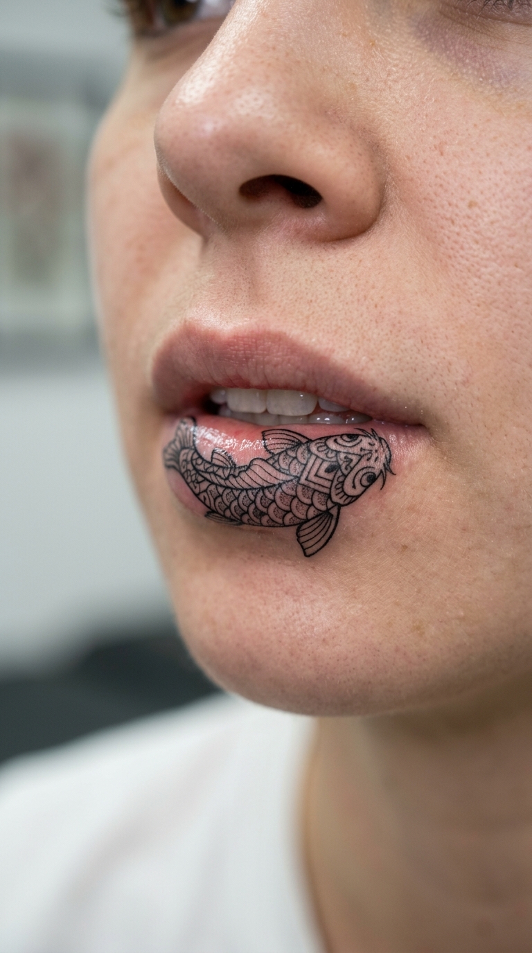 Koi Fisch im Mandala Stil als Tattoo Idee für die Unterlippe