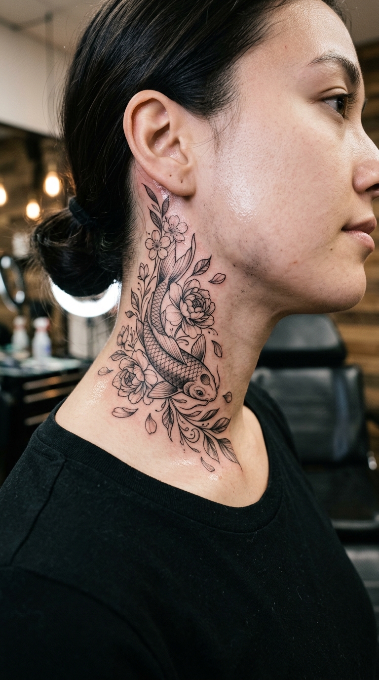 Koi Fisch umspielt von Blüten als florale Tattoo Idee für den Hals