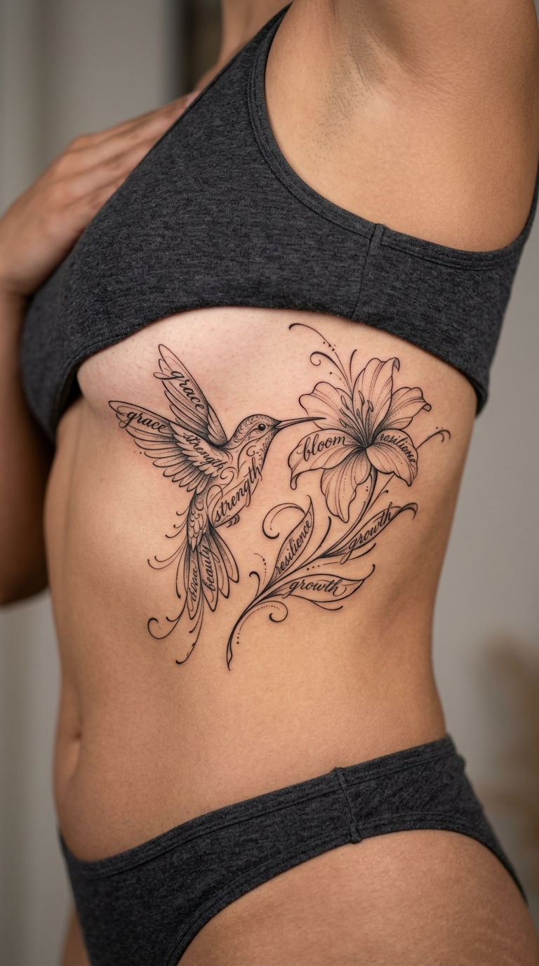 Kolibri und Blüte als geschwungenes Schrift Tattoo für den Underboob