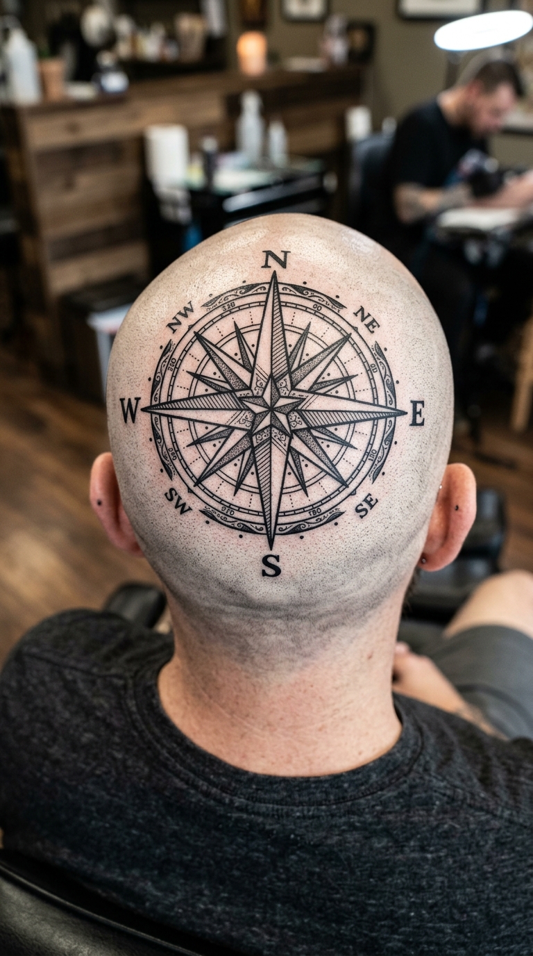 Kompass mit Windrose als Blackwork Tattoo für den Kopf