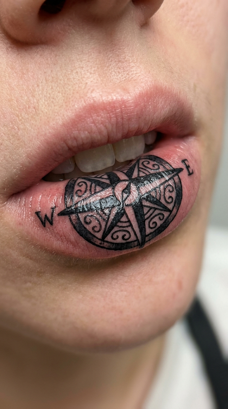 Kompass mit Windrose als Cover up Tattoo für die Unterlippe