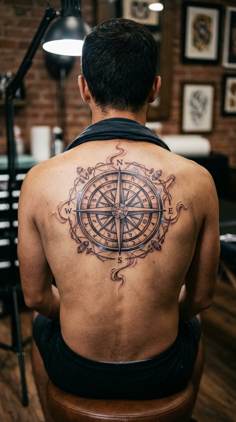 Kompass mit Windrose als mystisches Fantasy Tattoo für den Rücken