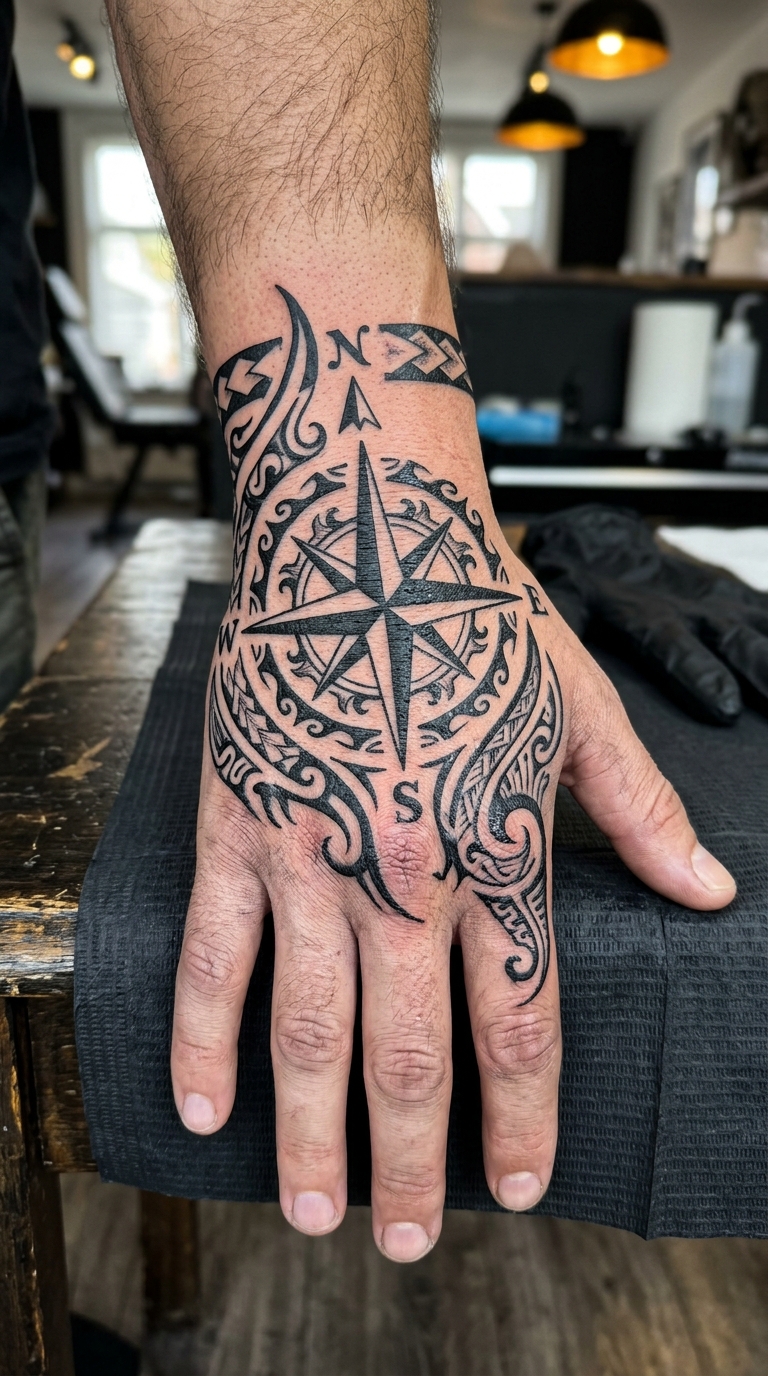 Kompass Windrose als Tribal Tattoo für die Hand