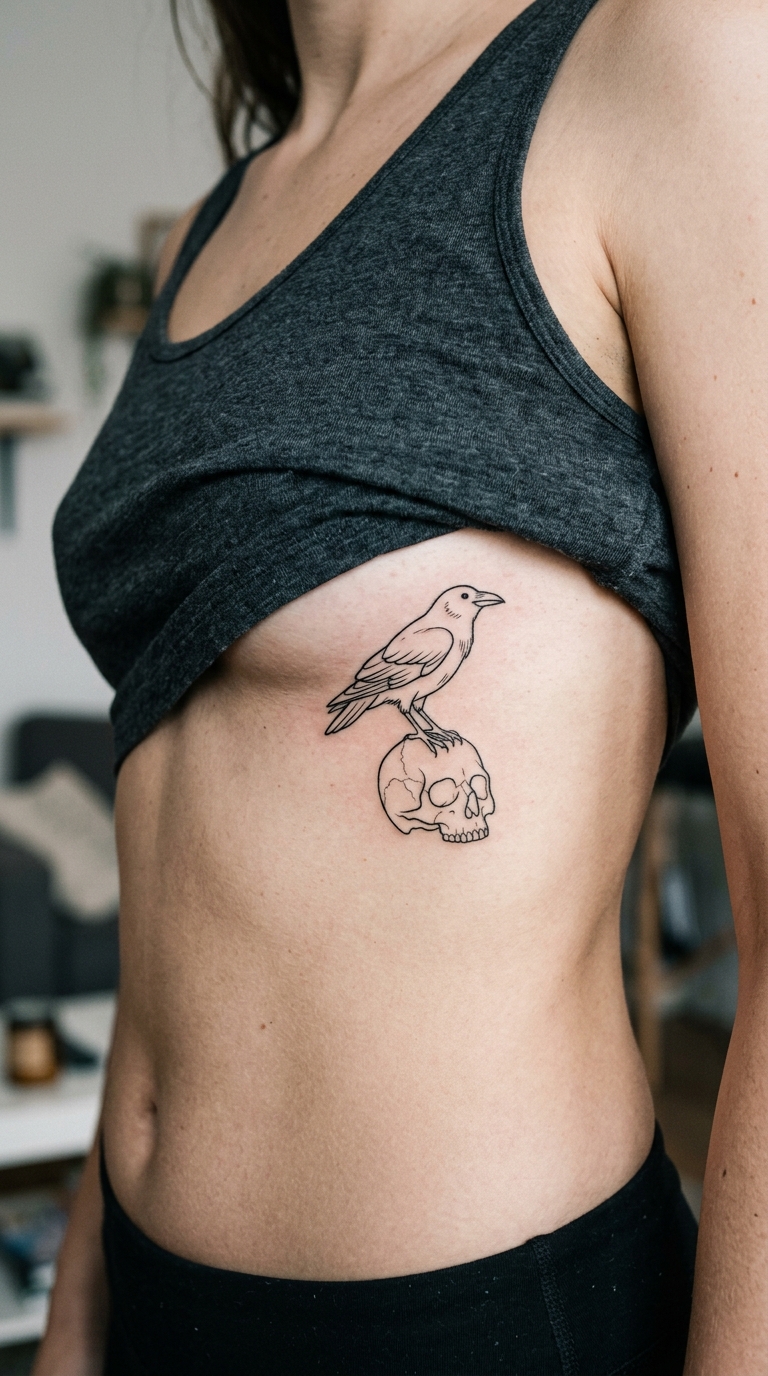 Krähe auf Schädel als kleines minimalistisches Underboob Tattoo