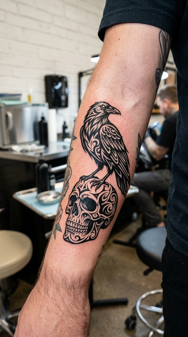 Krähe auf Schädel Tattoo Idee für den Unterarm