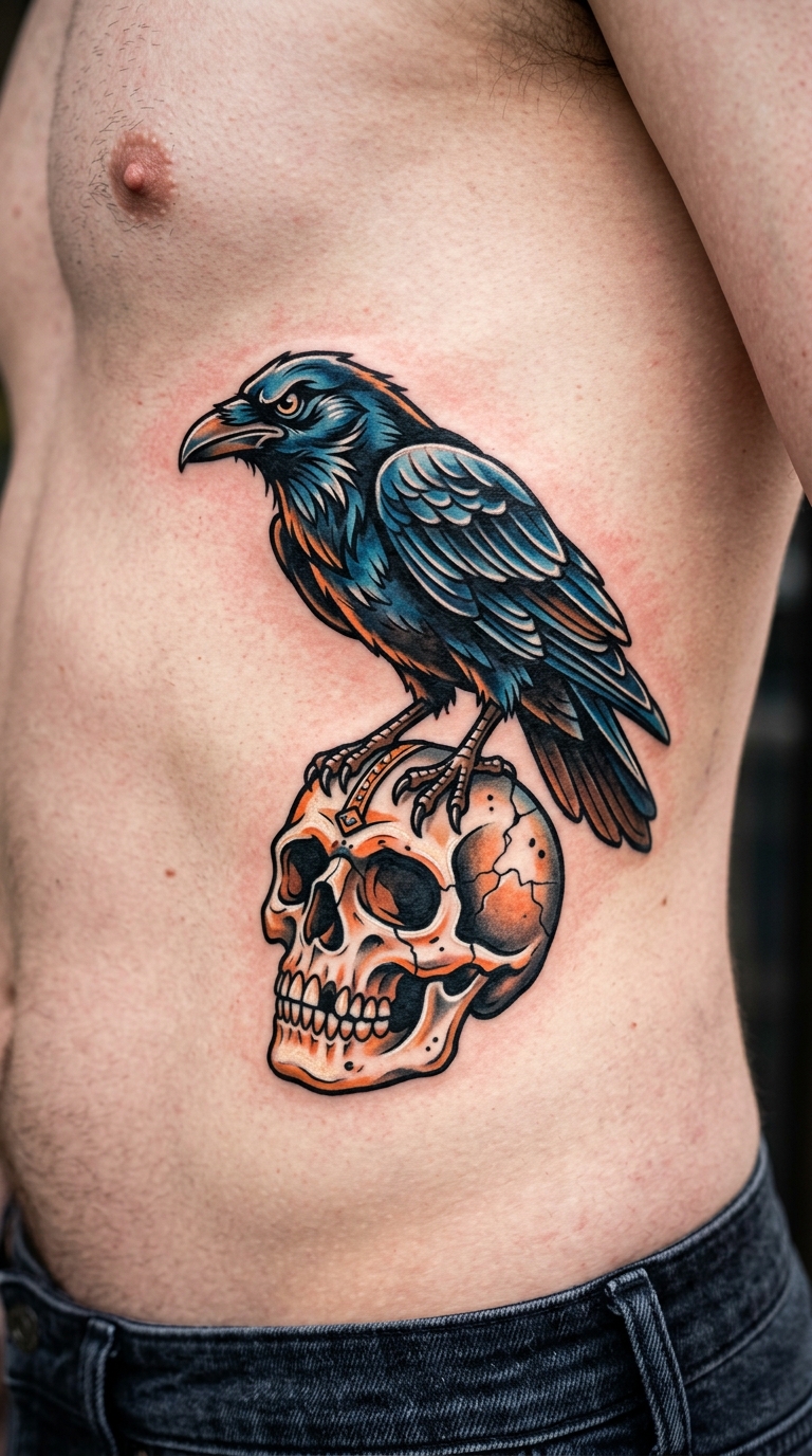 Krähe auf Totenkopf als Comic Tattoo für die Rippen